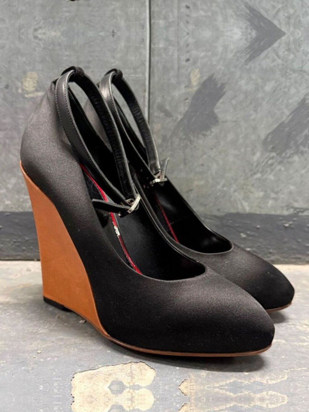 CELINE PHOEBE PHILO ERA BLACK SATIN WEDGE ANKLE STRAP SHOES